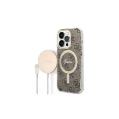   Guess csomag GUBPP14LH4EACSW - Guess MagSafe barna tok + Guess vezeték nélküli töltő Apple iPhone 14 Pro készülékhez