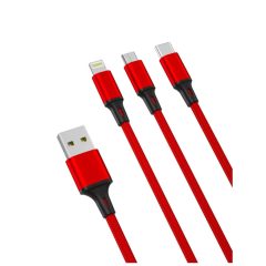   XO NB173 3in1 töltőkábel USB to Micro USB / Type-c / Lightning 1,2M 2,4A Piros