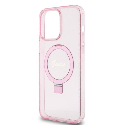 Guess Apple iPhone 15 Pro Max (6.7) IML Ring Stand Glitter MagSafe hátlapvédő tok pink (GUHMP15XH