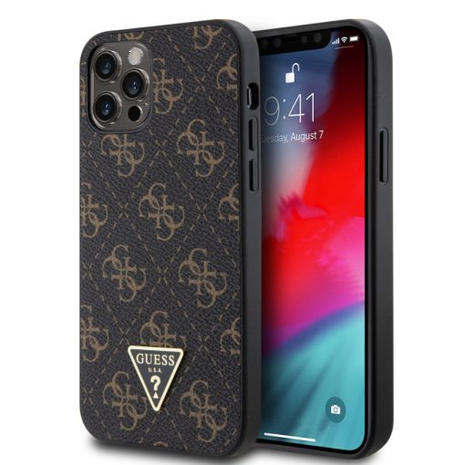 Guess Apple iPhone 12 Pro Max 2020 (6.7) PU Leather Metal Triangle hátlapvédő tok fekete (GUHCP12