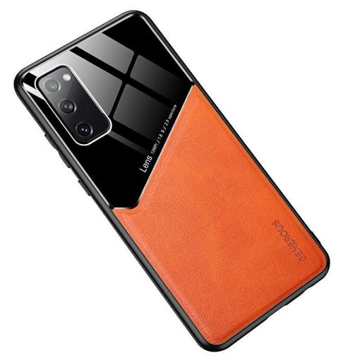 Lens tok - Samsung A217 Galaxy A21s (2020) narancssárga üveg / bőr tok beépített mágneskorongg