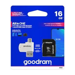   Goodram microSDHC 16GB Class 10 memóriakártya SD adapterrel, Micro USB / USB OTG kártyaolvasóval