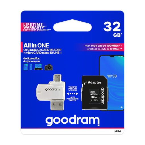 Goodram microSDHC 32GB Class 10 memóriakártya SD adapterrel, Micro USB / USB OTG kártyaolvasóval