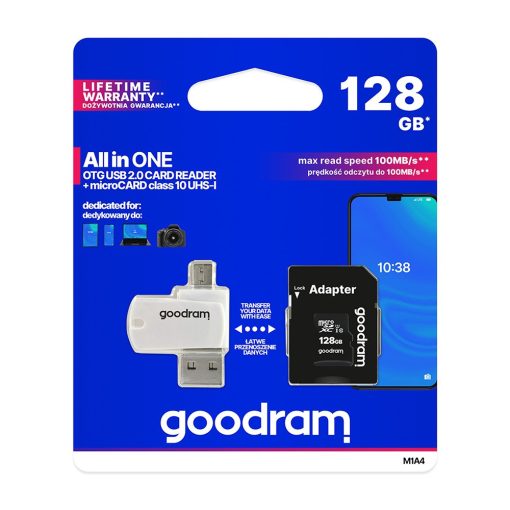 Goodram microSDHC 128GB Class 10 memóriakártya SD adapterrel, Micro USB / USB OTG kártyaolvasóva