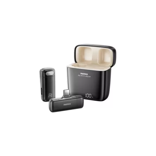 Remax bluetooth mikrofon (Type-C, LAVALIER csíptethető, zajszűrő + töltőtok) FEKETE (K13)