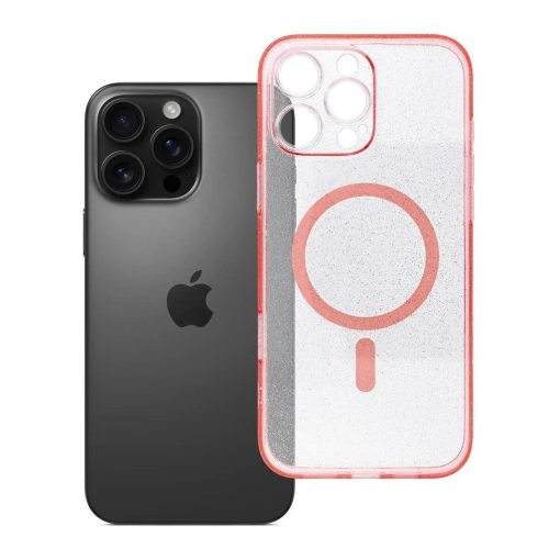iPhone 16 Pro Max készülékhez átlátszó Mag Cover tok, STR- és kameravédelemmel, MagSafe-kompatibilis, rózsaszín csillámos