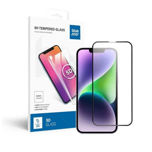 Blue Star 5D edzett üvegfólia (full glue) iPhone 13 / 13 PRO / 14 / 16e/17e (SE 4 2025) készülékhez fekete