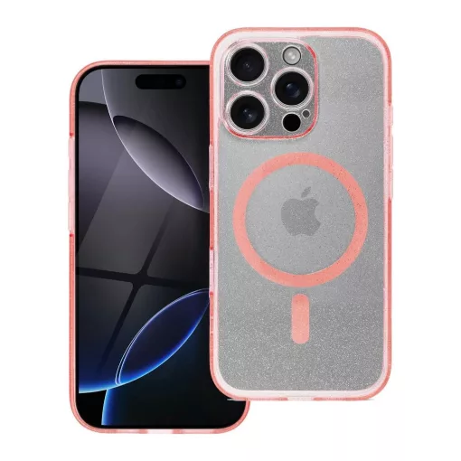 iPhone 16 PRO készülékhez átlátszó Mag Cover tok (STR / CAMERA PROTECTION), MagSafe-kompatibilis, rózsaszín csillámos