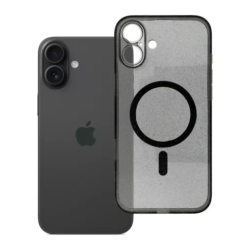 iPhone 16 Plus készülékhez Mag Cover tok (STR/kameravédelem), MagSafe-kompatibilis, átlátszó, fekete csillámos