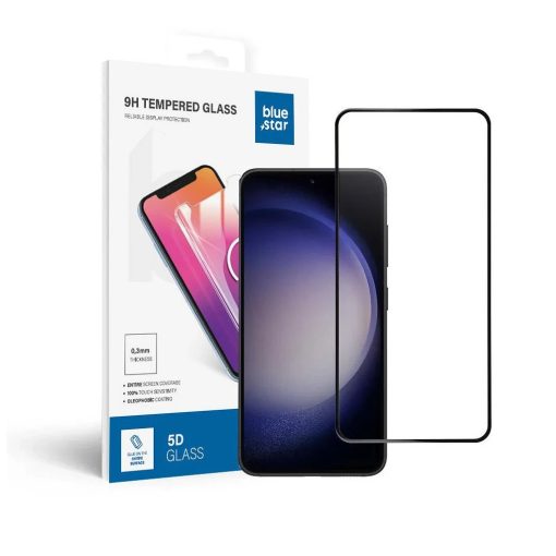 Edzett üvegfólia Samsung Galaxy S23 készülékhez (teljes ragasztás / tokbarát) Blue Star 5D fekete