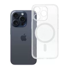   iPhone 15 PRO készülékhez tok, Clear Mag Cover (STR / CAMERA PROTECTION), MagSafe-kompatibilis, átlátszó csillámos