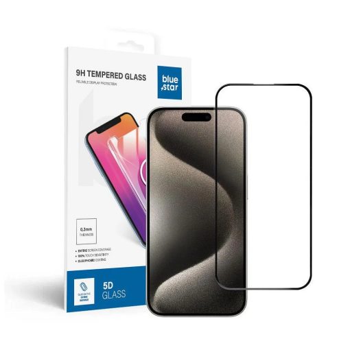 Blue Star 5D edzett üveg kijelzővédő iPhone 15 Pro készülékhez (teljes ragasztásos) fekete