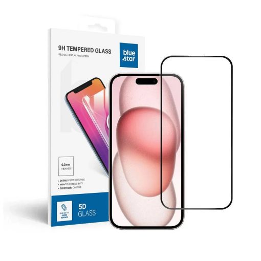 iPhone 15/16 készülékhez edzett üvegfólia Blue Star 5D full glue fekete