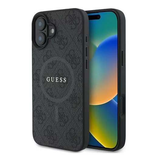 GUESS tok iPhone 16 Plus készülékhez, MagSafe-kompatibilis, PU 4G Ring Classic Logo (GUHMP16MG4GFRK), fekete
