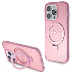   GUESS tok iPhone 15 Pro készülékhez, MagSafe-kompatibilis, Glitter Script Logo Ring stand, rózsaszín – GUHMP15LHRSGSP