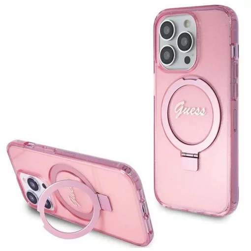 GUESS tok iPhone 15 Pro készülékhez, MagSafe-kompatibilis, Glitter Script Logo Ring stand, rózsaszín – GUHMP15LHRSGSP