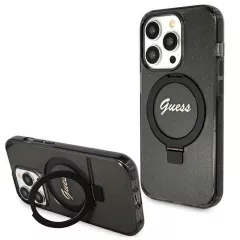   Eredeti GUESS előlapos tok GUHMP15XHRSGSK iPhone 15 Pro Max készülékhez (Magsafe-kompatibilis, Glitter Script logó, gyűrűs állvány, fekete)