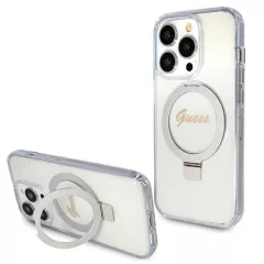   GUESS tok iPhone 15 Pro készülékhez, MagSafe kompatibilis, GUHMP15LHRSGSD (Glitter Script Logo Ring stand), átlátszó