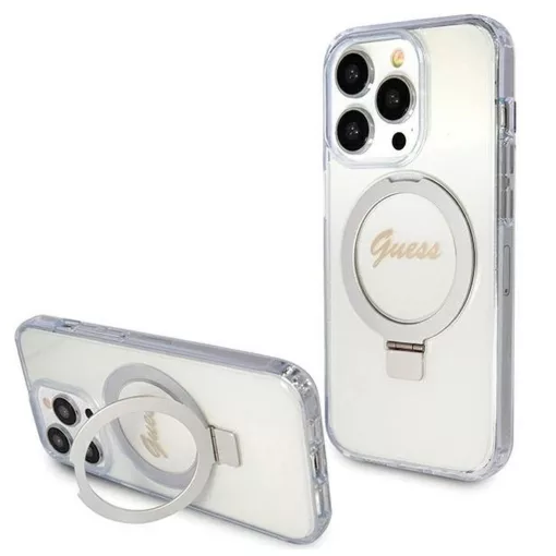GUESS tok iPhone 15 Pro készülékhez, MagSafe kompatibilis, GUHMP15LHRSGSD (Glitter Script Logo Ring stand), átlátszó