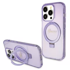   GUESS GUHMP15XHRSGSU Eredeti előlapos tok iPhone 15 Pro Max készülékhez – MagSafe-kompatibilis, Glitter Script Logo, gyűrűs tartó, lila