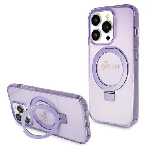 GUESS GUHMP15XHRSGSU Eredeti előlapos tok iPhone 15 Pro Max készülékhez – MagSafe-kompatibilis, Glitter Script Logo, gyűrűs tartó, lila