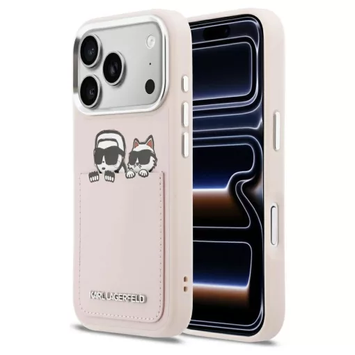 KARL LAGERFELD iPhone 17 Pro PU tok készülékhez K&C Print mintával és zsebbel, pink
