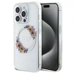   GUESS MagSafe-kompatibilis tok iPhone 15 Pro készülékhez GUHMP15LHFWFCT (Flowers Wreath) átlátszó