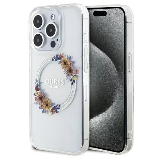 GUESS MagSafe-kompatibilis tok iPhone 15 Pro készülékhez GUHMP15LHFWFCT (Flowers Wreath) átlátszó