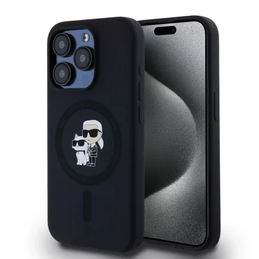Karl Lagerfeld Liquid Silicone Karl and Choupette MagSafe tok iPhone 15 Pro készülékhez fekete