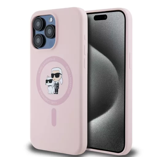 Karl Lagerfeld Liquid Silicone Karl and Choupette MagSafe tok iPhone 15 Pro készülékhez rózsaszín
