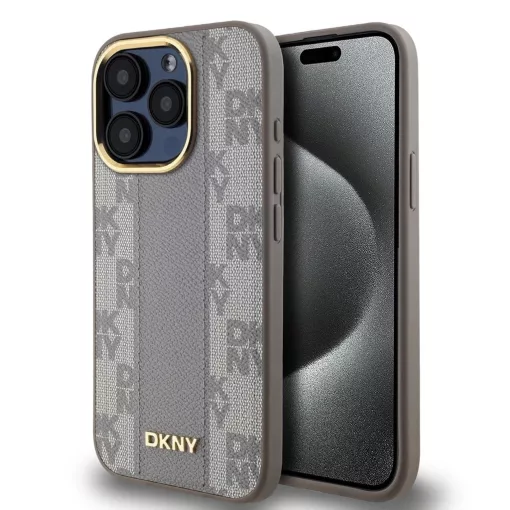 DKNY PU Leather Checkered Pattern Magsafe tok iPhone 15 Pro Max készülékhez bézs