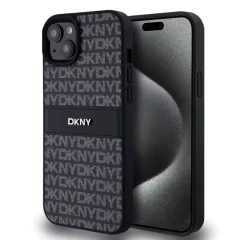   DKNY PU Leather Repeat Pattern Tonal Stripe tok iPhone 15 Plus készülékhez fekete