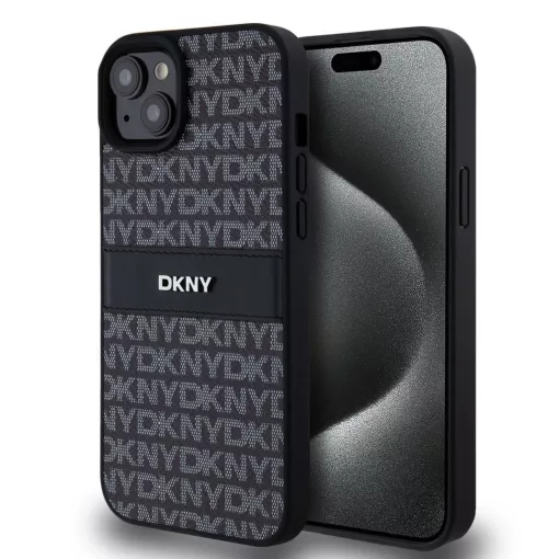 DKNY PU Leather Repeat Pattern Tonal Stripe tok iPhone 15 Plus készülékhez fekete