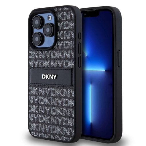 DKNY PU Leather Repeat Pattern Tonal Stripe tok iPhone 15 Pro készülékhez fekete
