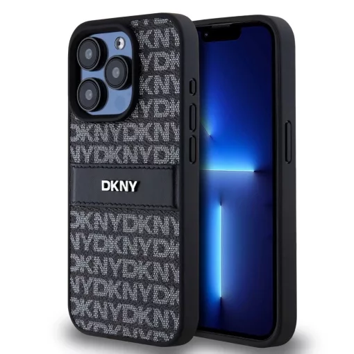 DKNY PU Leather Repeat Pattern Tonal Stripe tok iPhone 15 Pro Max készülékhez fekete