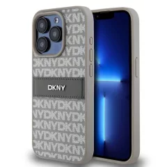   DKNY PU Leather Repeat Pattern Tonal Stripe tok iPhone 14 Pro Max készülékhez, bézs