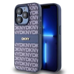   DKNY PU Leather Repeat Pattern Tonal Stripe tok iPhone 15 Pro készülékhez kék