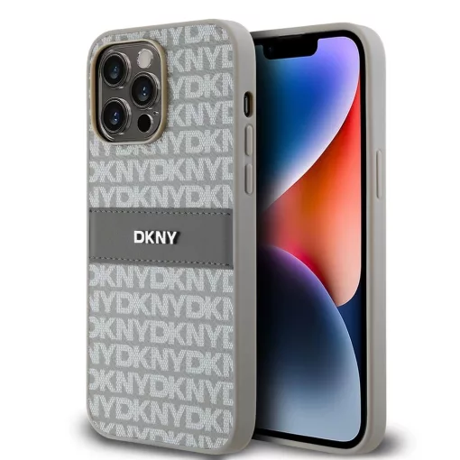 DKNY PU Leather Repeat Pattern Tonal Stripe tok iPhone 15 Pro Max készülékhez bézs