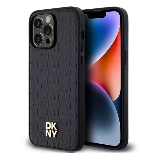 DKNY PU bőr Repeat Pattern Stack Logo MagSafe tok iPhone 13 Pro Max készülékhez fekete