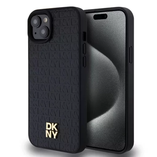 DKNY PU bőr Repeat Pattern Stack Logo MagSafe tok iPhone 15 Plus készülékhez fekete