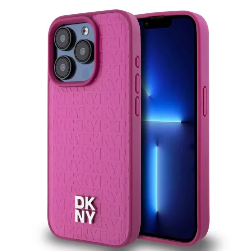DKNY PU Leather Repeat Pattern Stack Logo MagSafe tok iPhone 15 Pro Max készülékhez rózsaszín