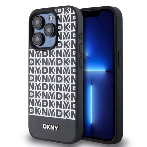 DKNY PU bőr Repeat Pattern Bottom Stripe MagSafe tok iPhone 13 Pro Max készülékhez fekete