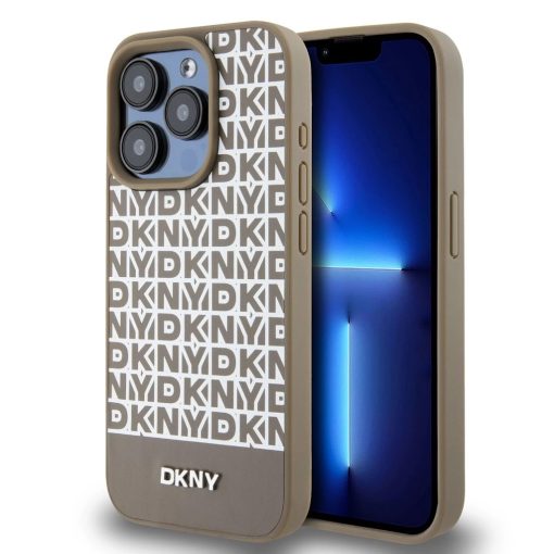 DKNY PU Leather Repeat Pattern Bottom Stripe MagSafe tok iPhone 15 Pro Max készülékhez barna