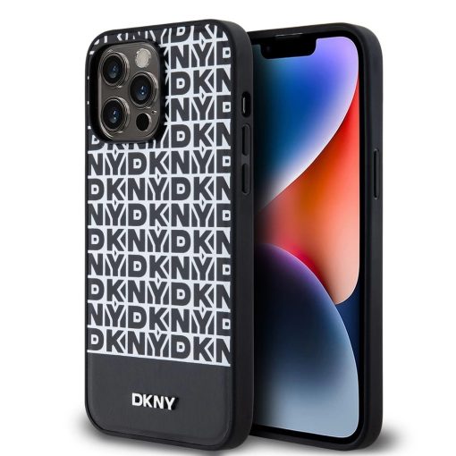 DKNY PU bőr Repeat Pattern Bottom Stripe MagSafe tok iPhone 15 Pro Max készülékhez fekete
