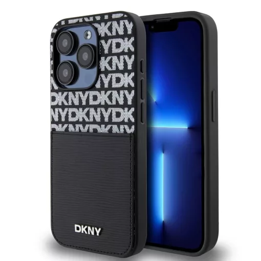 DKNY PU bőr Repeat Pattern Card Pocket Tok iPhone 15 Pro Max készülékhez fekete