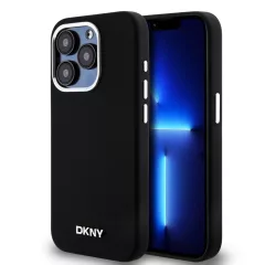   DKNY Liquid Silicone Silver Metal Logo MagSafe tok iPhone 15 Pro készülékhez fekete