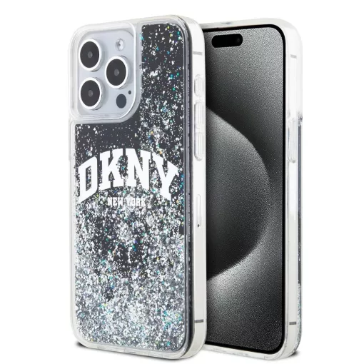 DKNY Liquid Glitter Arch Logo tok iPhone 15 Pro Max készülékhez fekete