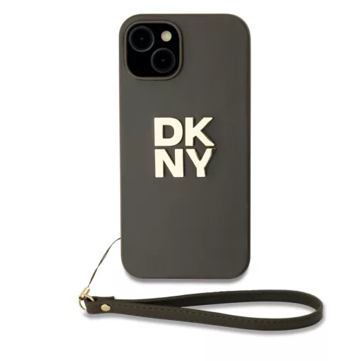 DKNY PU Leather Stack Logo csuklópántos tok iPhone 13 készülékhez barna