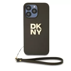   DKNY PU Leather Stack Logo csuklópántos tok iPhone 15 Pro készülékhez barna