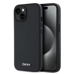   DKNY PU bőr ezüst fém logó Magsafe tok iPhone 14 készülékhez fekete